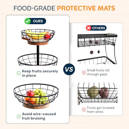2 Tier Fruit Basket with Banana Hanger, Metal Fruit Bowl Stand with Wooden Base, Kitchen Counter Fruit Organizer for Vegetables, Bread, Snacks Storage Basket