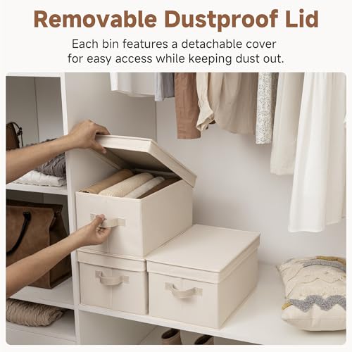 StorageWorks Fabric Storage Bins with Lids, Decorative Storage Bins with PU Handles, Foldable Storage Baskets for Closet, Shelves, Stackable and Sturdy Organization, Beige(Cotton Linen), Large, 3-Pack