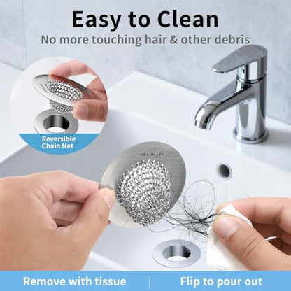 TRAPMATE 2PCS Bathtub Drain Strainer, 2.8" Patented Reversible Shower Tub Drain Hair Catcher, 304 Stainless Steel Drain Cover Protector fits Bathtub & Wash Basin, for Drains Under 2.5 Inches