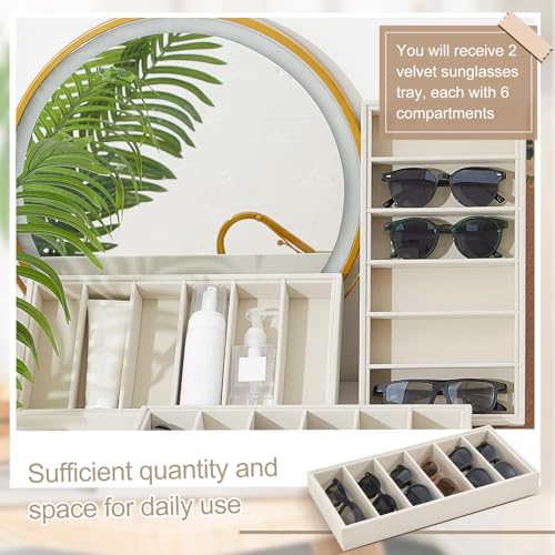 2 Pcs Velvet Sunglasses Organizer Tray 6 Grid Sunglass Organizer Velvet Tray Stackable Glasses Display Case for Women Glasses Jewelry Display Watch (Beige)