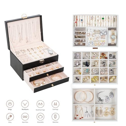 Jewelry Box for Women Girl Wife 3 Layers Large PU... (Black | Metal)