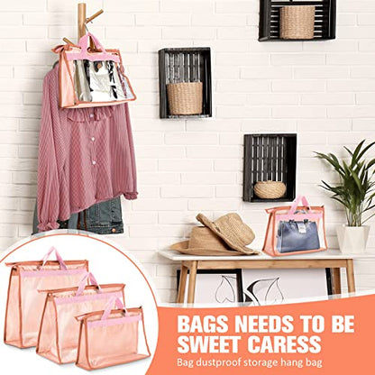 Shappy 15 Pieces Dust Cover Organizer Bags for Handbags, 3 Sizes Clear Handbag Storage Bag Purse Storage with Zipper and Handles Dust Bags for Purses Handbags Closet, 5 Each Size (Pink)