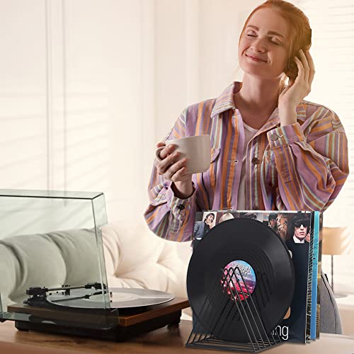 Vinyl Record Holder Storage, 9 Slot Metal Magazine Book Album Display Rack, Stylish Triangle Desktop File Sorter Organizer for Home Office, Black