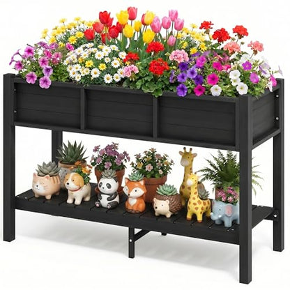 DWVO 48x18x30in Raised Garden Bed Kit, HDPE Planter Box Stand, Poly Wood Weather-Resistant Planter Box with Legs & Storage Shelf, Elevated Garden Bed for Backyard, Patio, Balcony,Black