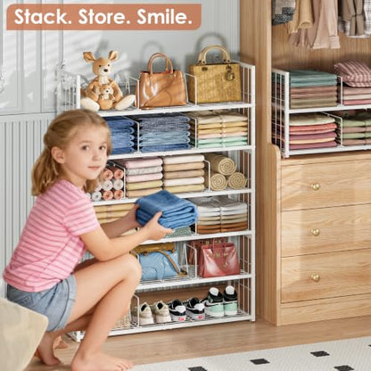 Hongtamoya Stackable Closet Storage Shelf with Adjustable Divider | Closet Organizer and Storage Container for Clothe, Jean Pant Shirt Sweater Purse Shoe, Use in Bedroom RV Closet System, White