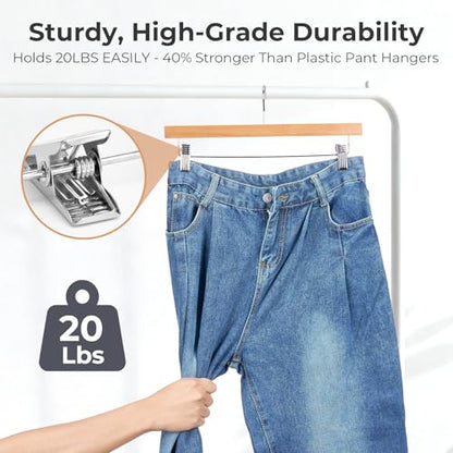 HOUSE DAY Wooden Pants Hangers with Clips, 25 Pack Skirt Hangers, Natural | 14-Inch Wood Hangers with Adjustable Non-Slip Metal Clips & 360° Swivel Hooks, Heavy Duty for Jeans, Slacks, Trousers, Shorts