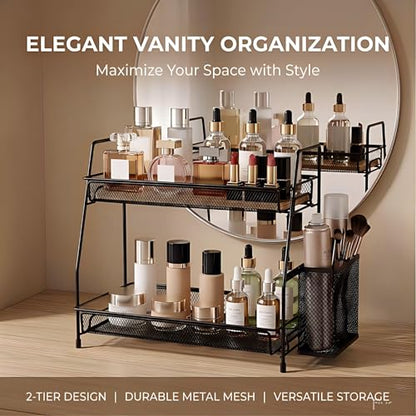 2-Tier Bathroom Countertop Organizer,Skincare, Makeup Countertop Organizers, Kitchen, Bathroom Counter Storage with Small Basket (Black)