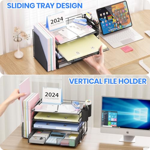 Desk Organizer, 4-Tier Desktop File Organizer with Drawer and Pen Holders, Office Desk Accessories, File Sorters, Workspace Organizers for Office Supplies(Black)