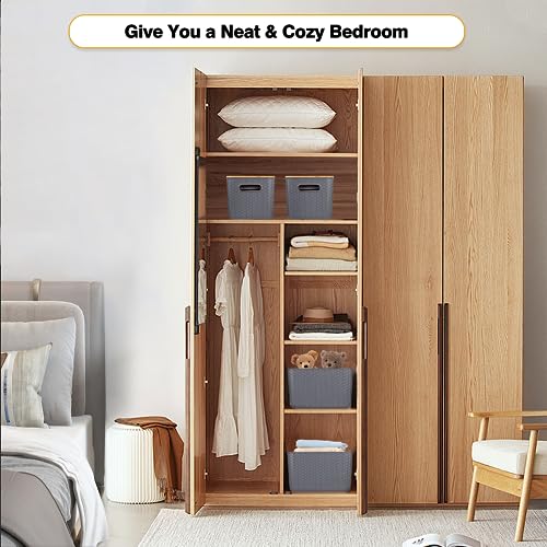Ohmlove 4 Packs Storage Bins with Bamboo Lids - Plastic Storage Containers with Lids Stackable Storage Box：Storage Baskets for Organizing Desktop Closet Playroom Classroom Office,Gray