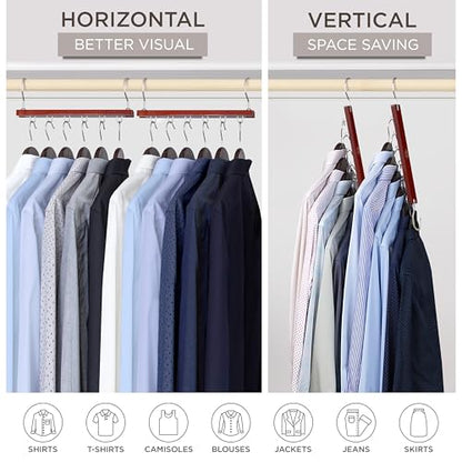 Space Saving Hangers for Closet – 4 Pack European Beechwood 6-Tier Shirt Organizer with 360° Swivel Hook – Collapsible Clothes Hanger for Closet Organization (Hangers Not Included)