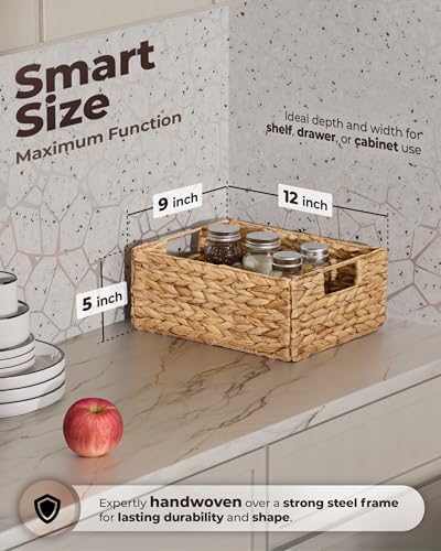 Bluewest Water Hyacinth Storage Baskets, Set of 6, Woven Bins with Handles | Organizer and Laundry Basket with Carrying Handles, Designed as a Rattan Bin for Shelves, Closets and Household Essentials.