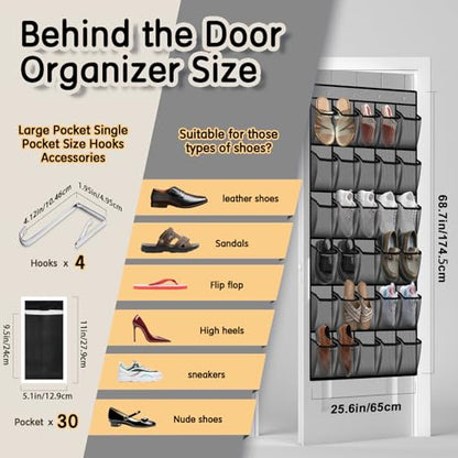 Kotkn Over the Door Shoe Organizer with 30 Breathable Mesh Pockets - Large Capacity Closet Storage for Men & Women, Hanging Shoe Rack Organizer (Gray)