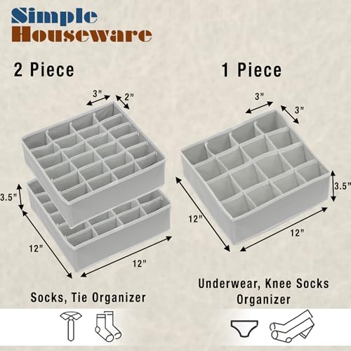 Simple Houseware Sock Drawer Organizer, 3 Pack, Gray | for Dresser/Closet/Bedroom, 2 Pack 24 Cell & 1 Pack 16 Cell
