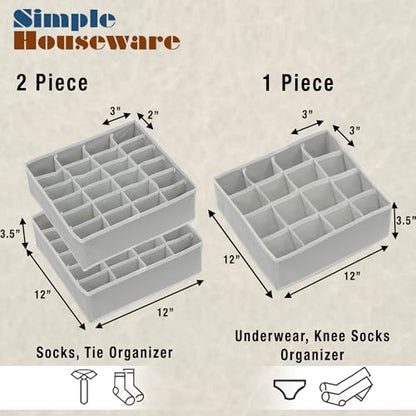 Simple Houseware Sock Drawer Organizer, 3 Pack, Gray | for Dresser/Closet/Bedroom, 2 Pack 24 Cell & 1 Pack 16 Cell