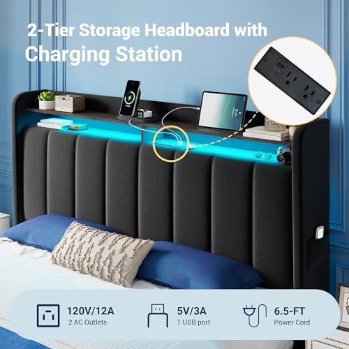 Allewie Queen Bed Frame with 2-Tier Storage Headboard & 2 Large Drawers