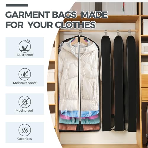 4 pack 60" Clear Garment Bags for Hanging Clothes, Suit Bags for Closet Storage, Clothing Storage, Garment Bags for Travel Covers with 4" Gussets for Coats, Jackets, Shirts, Dresses & Sweater, Black