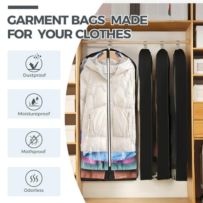 4 pack 60" Clear Garment Bags for Hanging Clothes, Suit Bags for Closet Storage, Clothing Storage, Garment Bags for Travel Covers with 4" Gussets for Coats, Jackets, Shirts, Dresses & Sweater, Black