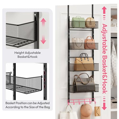 Over the Door Purse Organizer - Wall Mounted Purse Rack with 4 Adjustable Metal Basket and 6 Hooks, Hanging Bag Rack for Handbag Organizer, Bag Storage Can Use As 1/2 Part, for Door