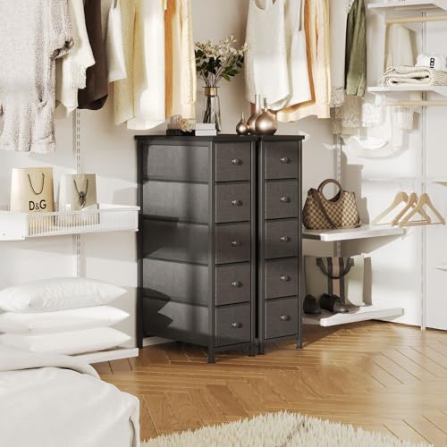 Narrow Dresser, 19" Wide Narrow Nightstand Dresser Storage Tower with 5 Drawers, Slim Fabric Dressers Chest of Drawers for Small Spaces, Wood Top & Fabric Bins for Bedroom Bathroom Closet (Black)