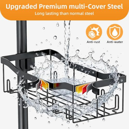 Shower Caddy Corner, 6 Tier Tension Pole Rod Bathroom Organizer Shelves, Adjustable Bathtub Shampoo Stand Rack with Towel Rack 2 Holders for Inside Shower Storage, 47-122 Inch, Black