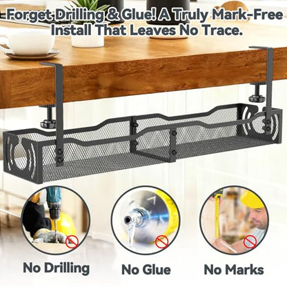 Cable Management, 25.3'' Under Desk Cable Management Tray No Drill | Metal Cable Organizer with Clamp for Wire Management, Cord Organizer for Home Office, Desk Accessories Organizer, Black