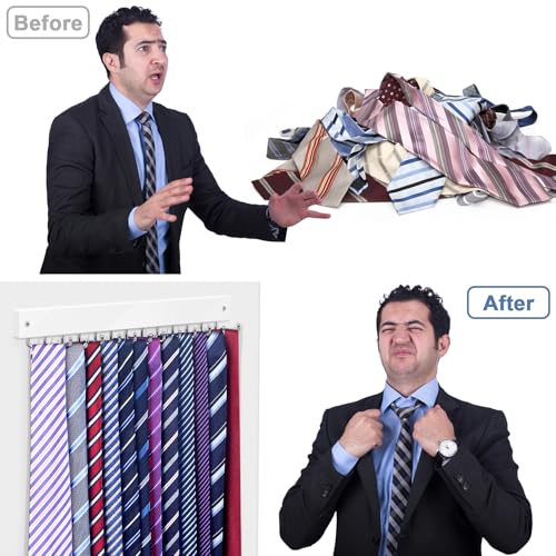 【2 in 1】 2 Pack Tie Organizer Belt Organizer Wall Mounted, Space Saving Tie Rack Belt Hanger for Closet with 24 Storage Hooks, Belt Tie Holder for Closet Organizer Storage White