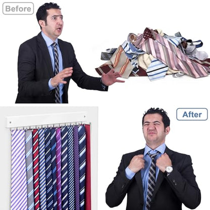 【2 in 1】 2 Pack Tie Organizer Belt Organizer Wall Mounted, Space Saving Tie Rack Belt Hanger for Closet with 24 Storage Hooks, Belt Tie Holder for Closet Organizer Storage White