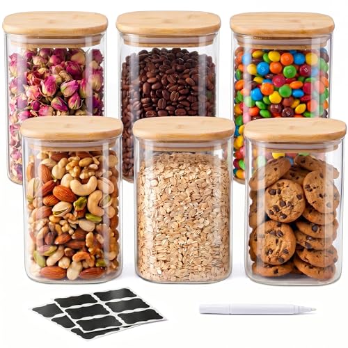 SENTVEND 37 Oz Glass Jars - 6 Pack Food Storage Containers with Lids Square