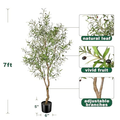 7ft Faux Olive Tree with Natural Olive Branches & Realistic Leaves | Fake Potted Olive Silk Tree with Sturdy Base - Realistic Olive Trees Artificial Indoor for Modern Home Entryway Office Decor