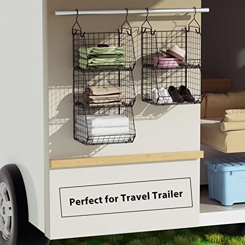 X-cosrack 5 Tier Closet Hanging Organizer, Clothes Hanging Shelves with 4 Hanging Hooks 5 S Hooks, Wire Storage Basket Bins, for Clothing Sweaters Shoes Handbags Clutches Accessories Patent Design