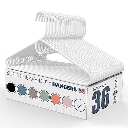 Super Heavy Duty Clothes Hangers 36 Pack – Made in the USA - 10lb Capacity, Thick Plastic Hangers for Pants, Coats, Jackets, Jeans and Adult Clothing – White