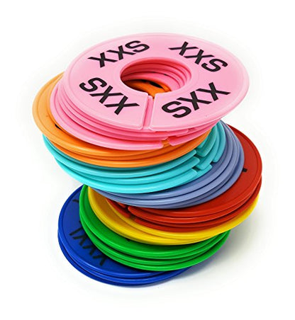 Clothing Rack Size Dividers for Retail Shops, XXS-XXXL, 40 Pieces, 8 Colors | Round Plastic Size Rings, Tags, Hangers, or Separators for Shirt, Closet, and Garment Racks, Small Medium Large