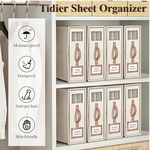 4 Pack Foldable Bed Sheets Set Organizers and Storage(King & Queen Size),Linen Fabric Closet Organizers with Window,Folding Bedding Storage Box for Bedsheets and Pillow Cube Organizer-Beige