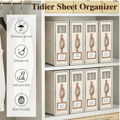 4 Pack Foldable Bed Sheets Set Organizers and Storage(King & Queen Size),Linen Fabric Closet Organizers with Window,Folding Bedding Storage Box for Bedsheets and Pillow Cube Organizer-Beige