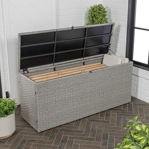 happimess Nino 59.06" Outdoor Faux Wicker Deck and Patio Storage Box, Gray | Modern Minimalist Design, Water-Resistant, Steel Frame, Lockable Lid, Soft-Close Gas Spring, Cushion and Tool Organizer
