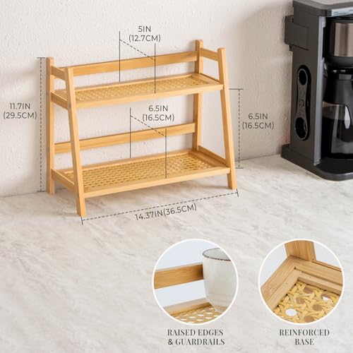 ANBOXIT Matcha Station Organizer, Countertop Bamboo Coffee & Tea Station | Rattan-Look 2 Tier Mug Holder Display Stand for Kitchen Condiment, Coffee Accessories, Home, Office