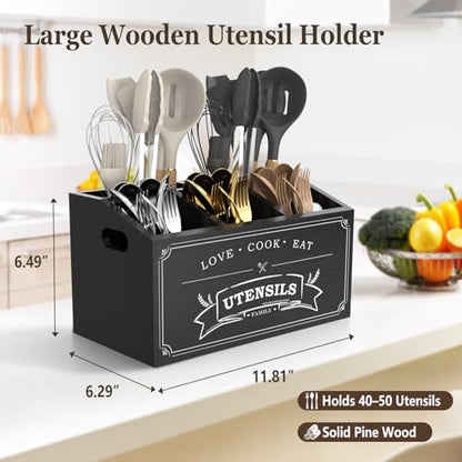 Black Kitchen Utensil Holder With 5 Compartments F... (Black | Pine Wood)