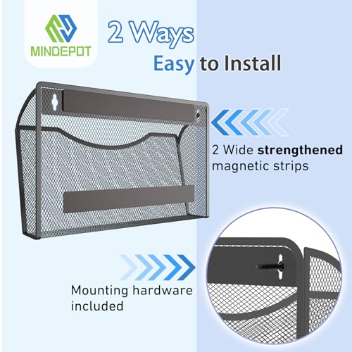 MINDEPOT Magnetic Wall File Organizer, Hanging File Holder, 3 Pack, Black | Heavy Duty Iron, Powerful Magnet, Metal Mesh Wall Mount, Single Pocket, for Office School Classroom Home, Letter A4 Size