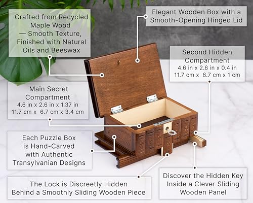 Puzzle Box with Hidden Compartments, Secret Lock and Key | Maple Wooden Puzzle Box in 5 Steps, Hand-Carved with Transylvanian Motifs for Adults and Kids. Ideal for Money and Gift Card