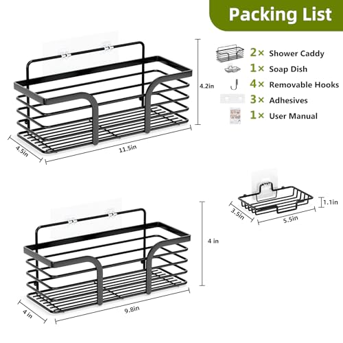 Yougai Shower Caddy, Shower Organizer with Soap Holder and Hooks, Rustproof Shower Shelves, No Drilling Bathroom Organizers and Storage, Wall-Mounted Kitchen & Home Decor (Black)