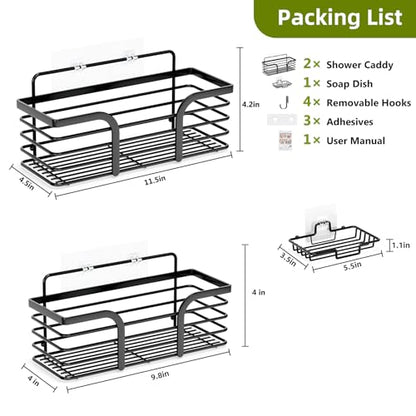Yougai Shower Caddy, Shower Organizer with Soap Holder and Hooks, Rustproof Shower Shelves, No Drilling Bathroom Organizers and Storage, Wall-Mounted Kitchen & Home Decor (Black)