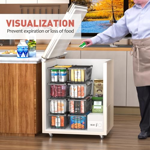Freezer Organizer Bins for 3.5-7 Cu.FT Chest Freezer, 4 Pack Black | Foldable Handle Stackable Freezer Baskets, Coated Metal Freezer Storage Bins with Better Space Utilization, Deep Organization