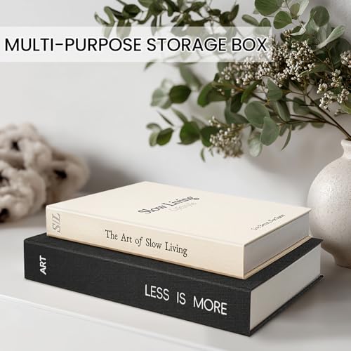 Minimalist Decorative Books, Fake Books Storage Boxes for Decor | Set of 2 Linen Coffee Table Books with Hidden Storage, Stackable Photo Keepsake Box for Room Bookshelf Decor, Black