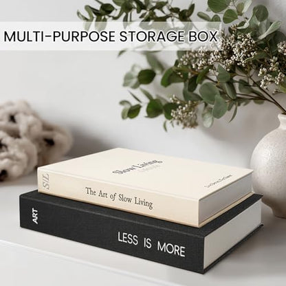 Minimalist Decorative Books, Fake Books Storage Boxes for Decor | Set of 2 Linen Coffee Table Books with Hidden Storage, Stackable Photo Keepsake Box for Room Bookshelf Decor, Black