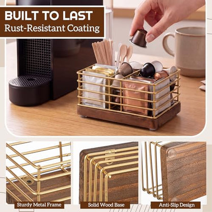 Sugar Packet Holder, Sugar Caddy, Farmhouse Metal Tea Bag Organizer, Stirrers Straws Small Condiments Packet Container for Coffee Bar, Kitchen Office Home 5.7" x 3.1" x 2.4"(Rustic Gold)