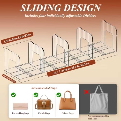 Clear Purse Organizer for Closet, Adjustable Purse Storage Handbag Storage Shelf Dividers, 2 Set Plastic Clutch Dividers for Closet Organizers Perfect for Purse Handbag Books