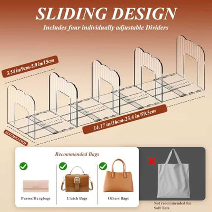 Clear Purse Organizer for Closet, Adjustable Purse Storage Handbag Storage Shelf Dividers, 2 Set Plastic Clutch Dividers for Closet Organizers Perfect for Purse Handbag Books
