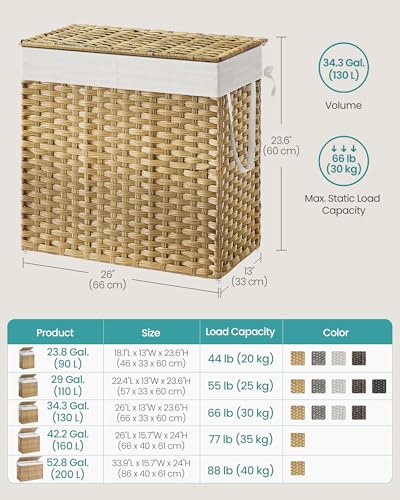 SONGMICS Laundry Hamper with Lid, 130L Wicker Laundry Basket | 6 Mesh Bags, 2 Removable Liner Bags, 13 x 26 x 23.6 Inches, Natural, ULCB253N01