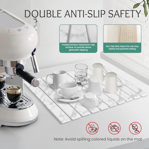 Stone Dish Drying Mat Collapsible Diatomaceous Earth Absorbent Mat Quick Dish Drying Pad Dish Rack Pad Match Any Counterto Multiple Usage for Kitchen,Bathroom (White Marble Pattern, 24"L x 16"W)