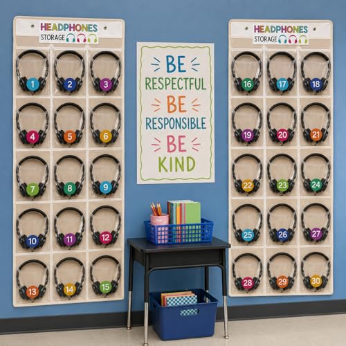2 Pack Classroom Headphone Storage Organizer 30 Pockets PVC Clear Classroom Pocket Chart over The Door Hanging Headphone Holder Storage with Digital Stickers for Library Door Hanger(White)